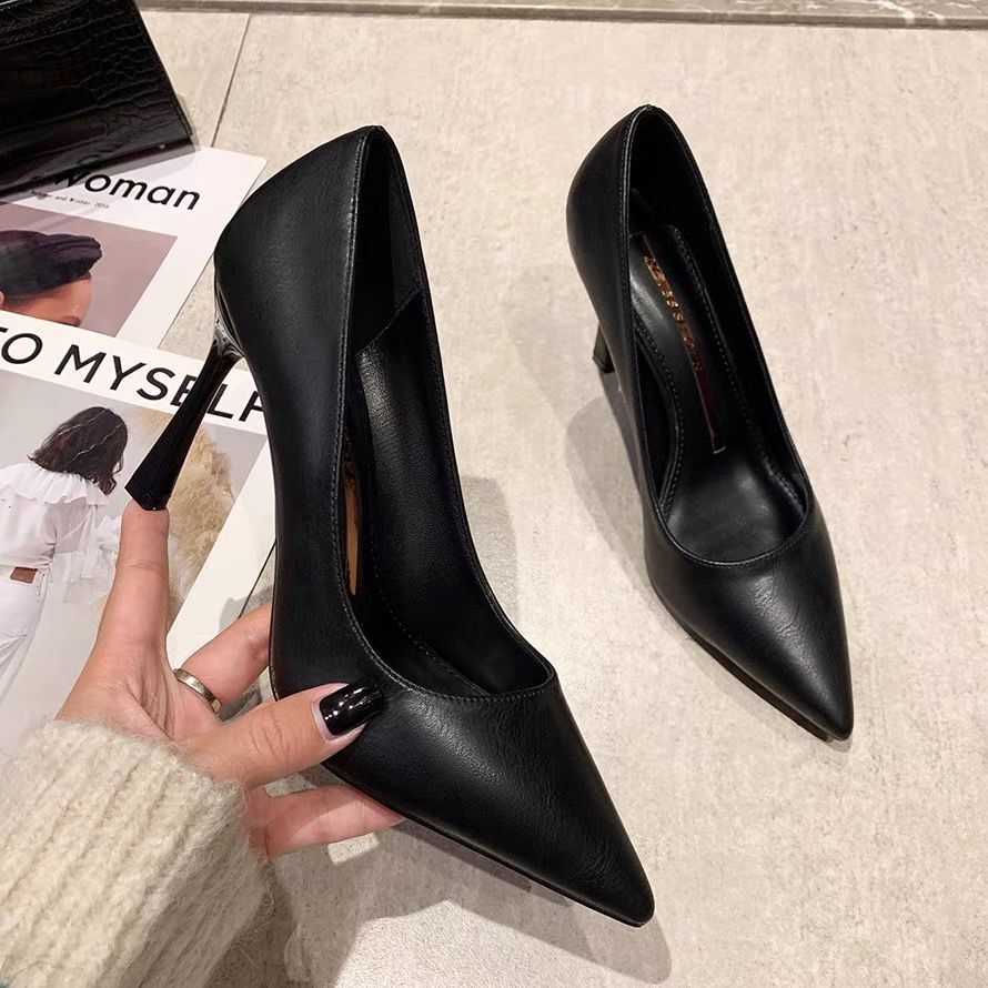 internet celebrity french teenage high heels black work shoes temperament slim and sexy stiletto pointed-toe shoes all-matching