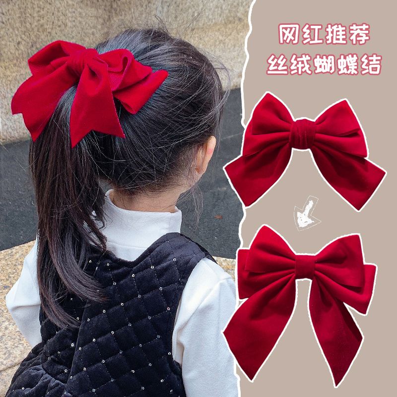 red hairpin children‘s big bow headdress girls hair accessories new year velvet internet celebrity baby princess new year hairpin