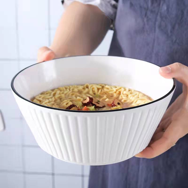 Nordic Good-looking 8-Inch Ceramic Underglaze Big Soup Bowl Yamada Vertical Pattern Ceramic Bowl Noodle Bowl Spoon Matching