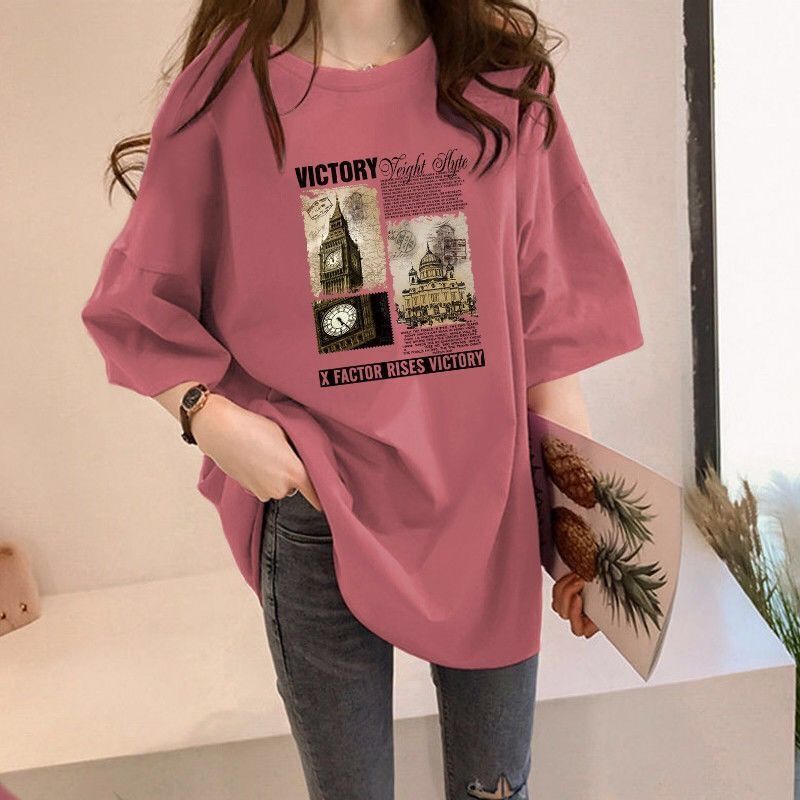 women‘s 2023 summer new korean style loose large size mid-length cotton short sleeve t-shirt ins top with trendy half sleeve