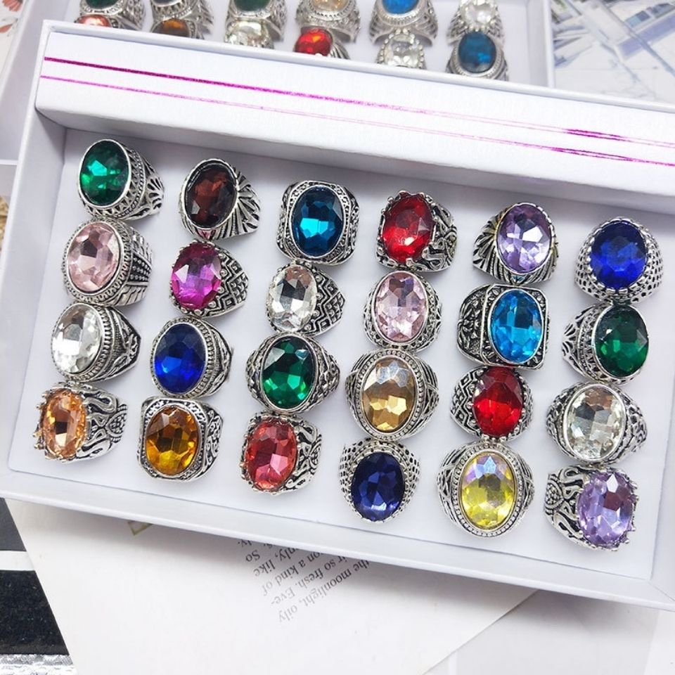 Mixed Batch of 50 European and American Large Size Rings Men and Women Fashion Atmospheric Glass Crystal Gem Ring Ornament Factory Direct Sales