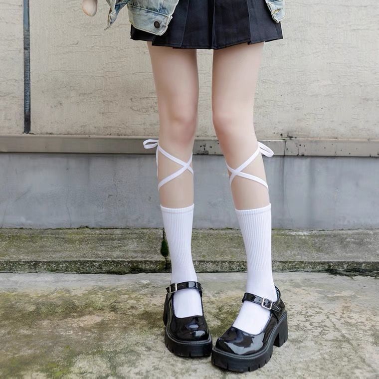 lace-up socks fried street female cross mid-calf socks ins tide net red style japanese lolita black and white soft girl calf socks