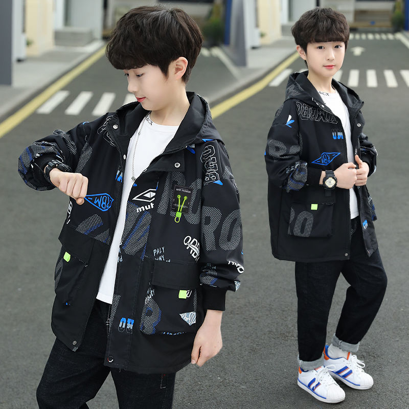 boys‘ coat spring new western style hooded jacket top middle and big children korean style trendy spring and autumn mid-length windbreaker