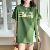 纯棉夏装新款短袖t恤女宽松韩版开叉中长款体恤百搭半袖上衣服潮