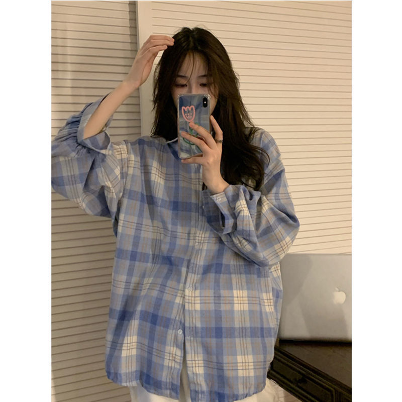 blue plaid shirt women‘s oversize casual loose bf early spring design sense long sleeve shirt coat trendy top