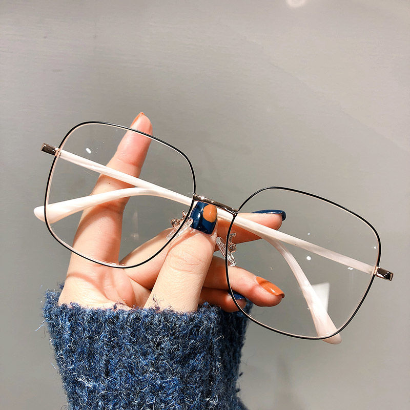 Ins Good-looking Glasses Plain Square Large Frame Myopia Glasses Glasses Female Face Small with Degrees Metal Glasses Rim