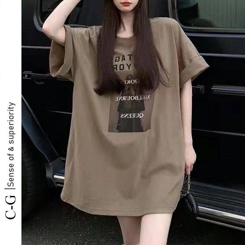 plump girls summer new lower body covering short-sleeved t-shirt women‘s large size loose korean style student ins trendy mid-length top