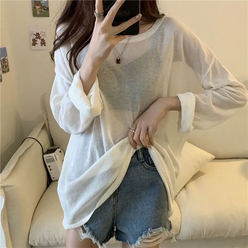 Extra Large Size 150.00kg Long Sleeve Sun Protection T-shirt Women's 2022 Summer Thin Loose Bottoming Shirt Top Ins Fashion