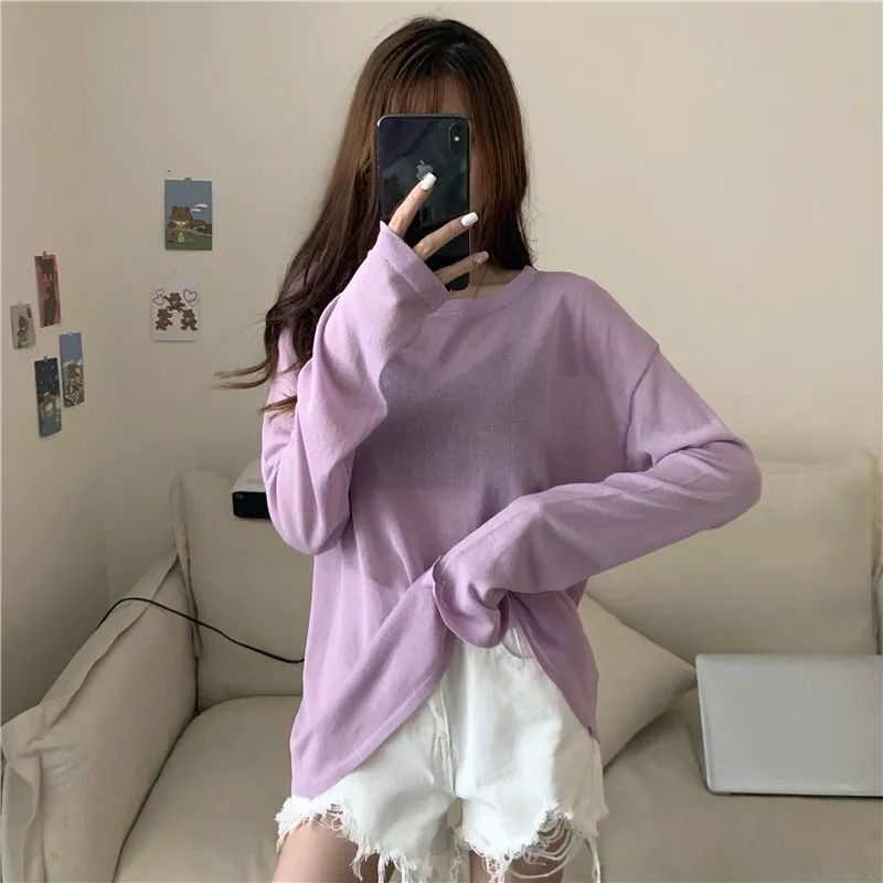 Extra Large Size 150.00kg Long Sleeve Sun Protection T-shirt Women's 2022 Summer Thin Loose Bottoming Shirt Top Ins Fashion