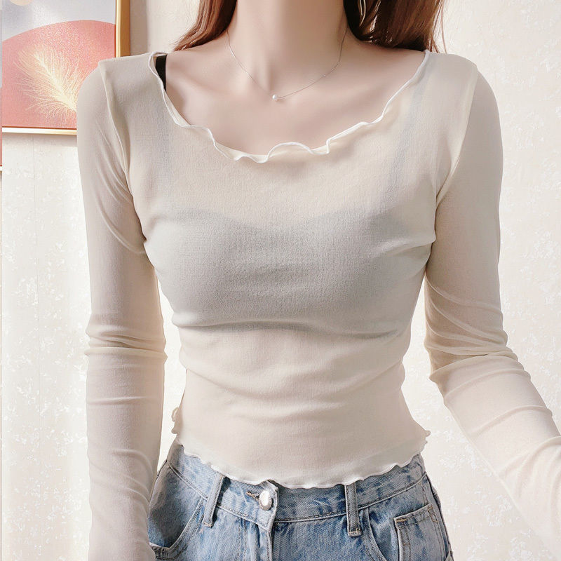 Women's Short Mesh Bottoming Shirt with Wooden Ears 2022 New Scoop Thin Suspender Skirt with Lace Top