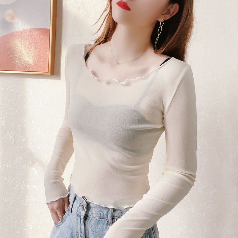 Women's Short Mesh Bottoming Shirt with Wooden Ears 2022 New Scoop Thin Suspender Skirt with Lace Top