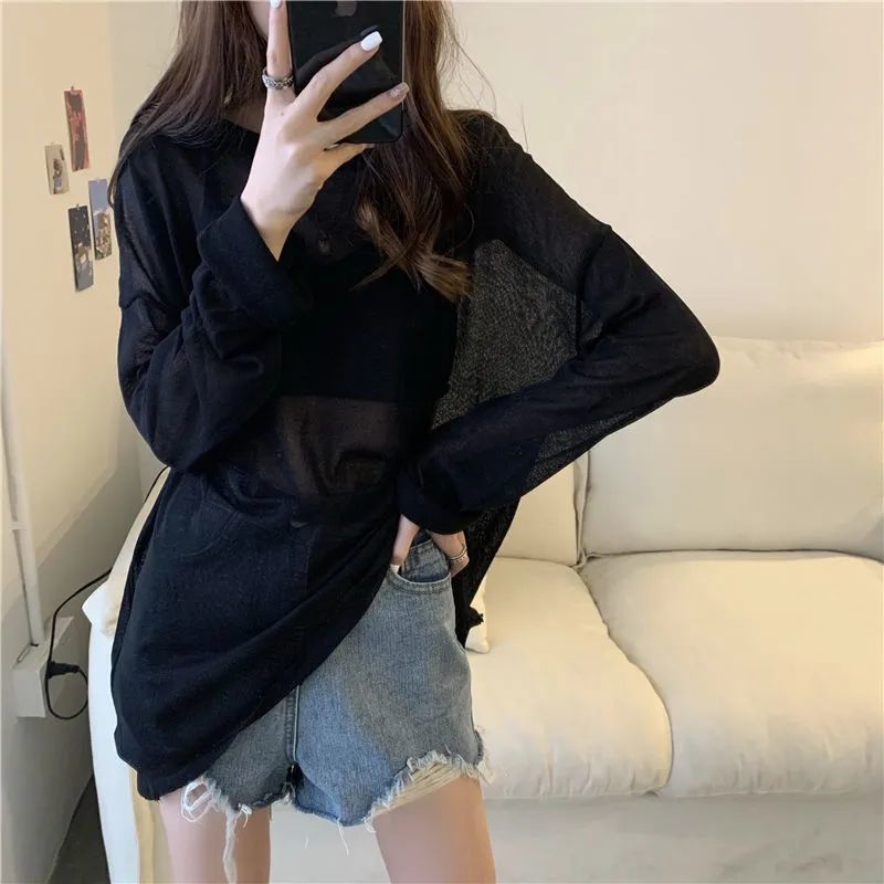 Extra Large Size 150.00kg Long Sleeve Sun Protection T-shirt Women's 2022 Summer Thin Loose Bottoming Shirt Top Ins Fashion