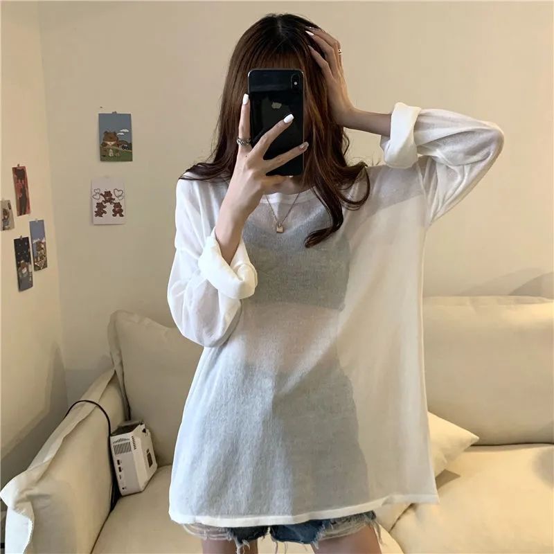 Extra Large Size 150.00kg Long Sleeve Sun Protection T-shirt Women's 2022 Summer Thin Loose Bottoming Shirt Top Ins Fashion