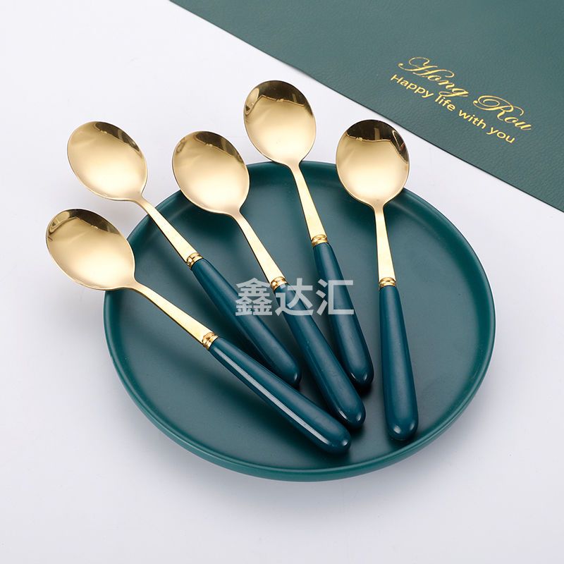 emerald thickened stainless steel spoon household soup eating spoon creative korean cute long handle spoon tableware