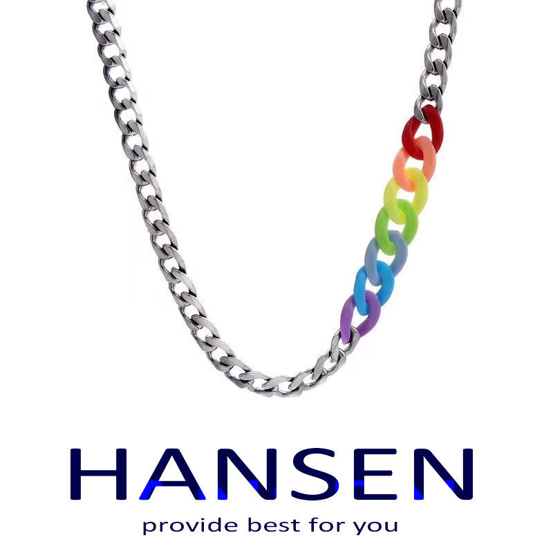 Rainbow Cuban Link Chain Men's and Women's Same Titanium Steel No Fading Necklace Women's Trendy Cool Hot Girl All-Matching Long Domineering Clavicle Chain