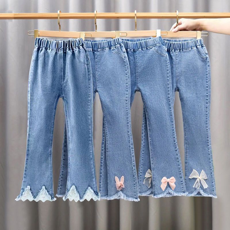 children‘s stretch jeans 2022 spring and autumn new girl all-match medium and big children high elastic bell-bottom pants little girl trousers