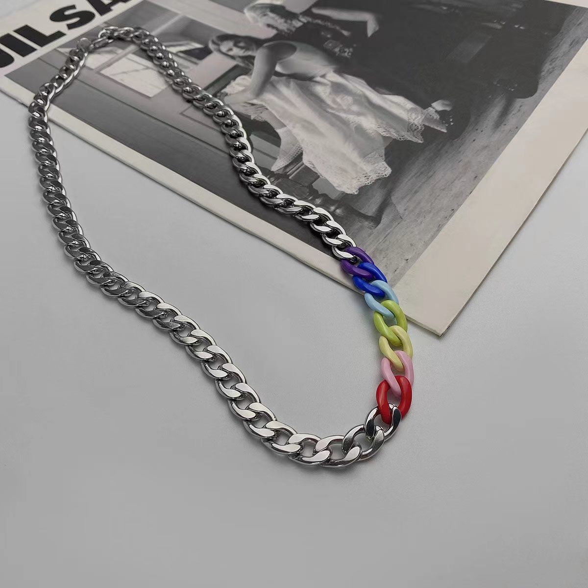 Rainbow Cuban Link Chain Men's and Women's Same Titanium Steel No Fading Necklace Women's Trendy Cool Hot Girl All-Matching Long Domineering Clavicle Chain