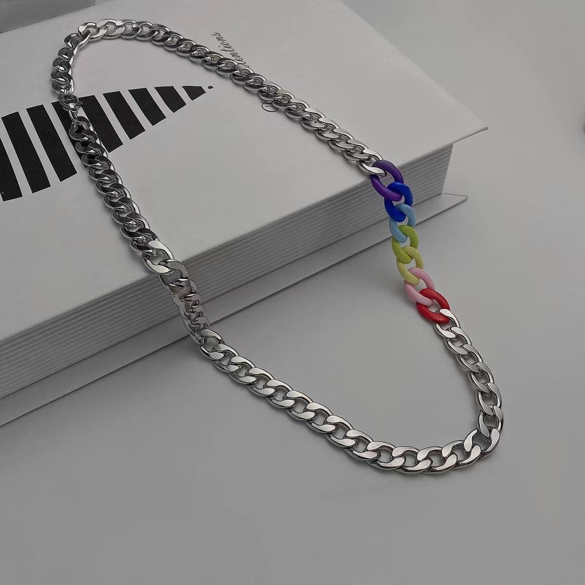 Rainbow Cuban Link Chain Men's and Women's Same Titanium Steel No Fading Necklace Women's Trendy Cool Hot Girl All-Matching Long Domineering Clavicle Chain