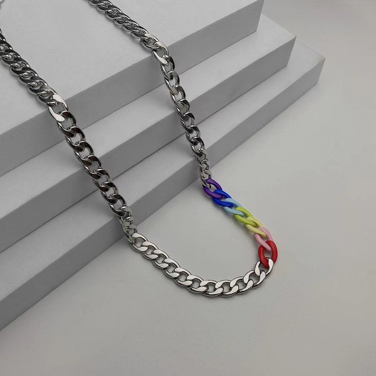 Rainbow Cuban Link Chain Men's and Women's Same Titanium Steel No Fading Necklace Women's Trendy Cool Hot Girl All-Matching Long Domineering Clavicle Chain