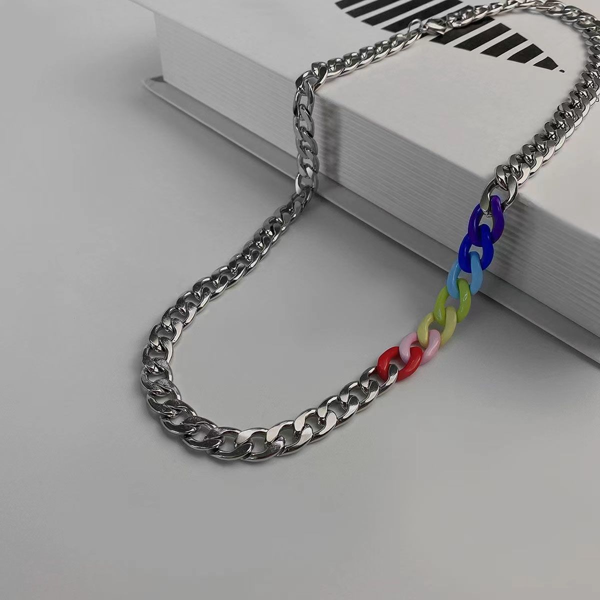 Rainbow Cuban Link Chain Men's and Women's Same Titanium Steel No Fading Necklace Women's Trendy Cool Hot Girl All-Matching Long Domineering Clavicle Chain