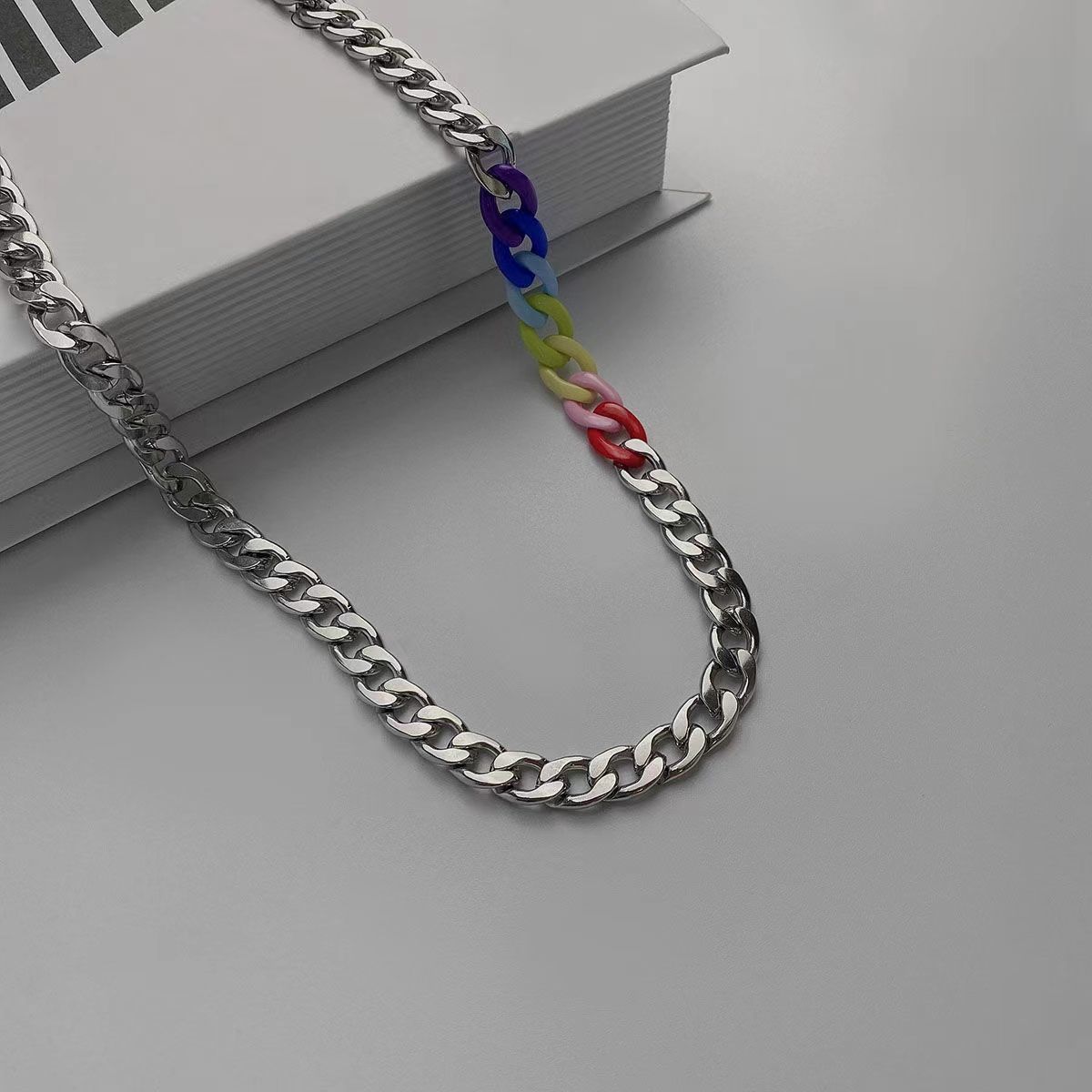 Rainbow Cuban Link Chain Men's and Women's Same Titanium Steel No Fading Necklace Women's Trendy Cool Hot Girl All-Matching Long Domineering Clavicle Chain