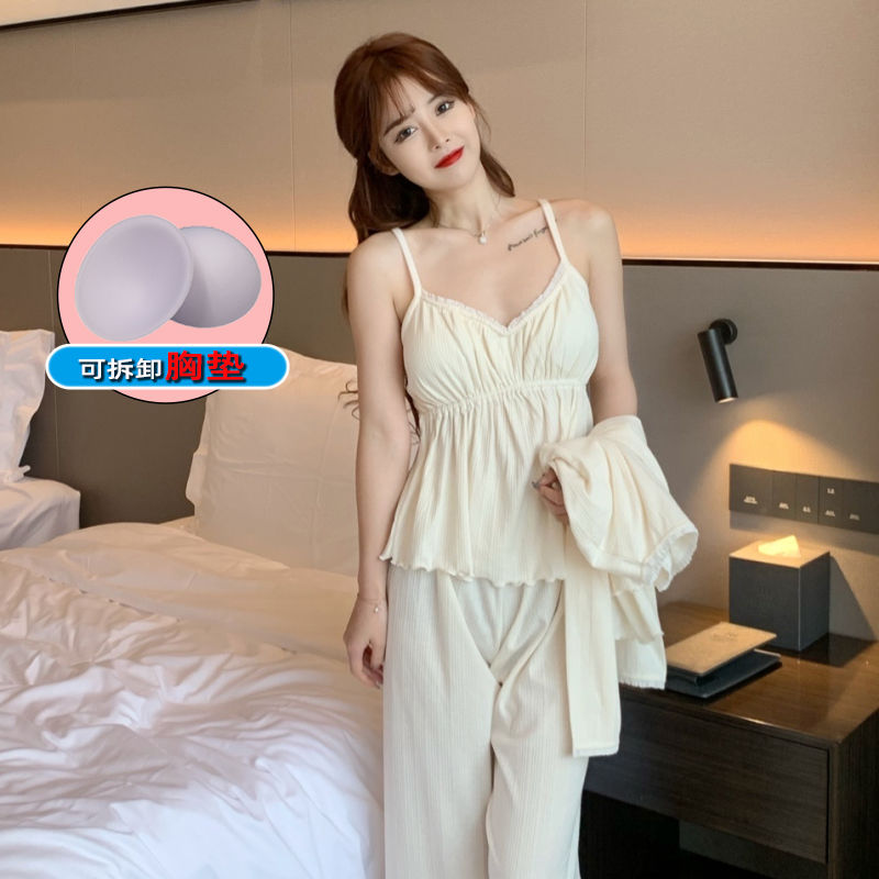 New Spring and Autumn Classic Style Solid Color Pajamas Suspenders Sexy Three-Piece Suit Sweet Japanese Long Sleeve with Chest Pad Homewear