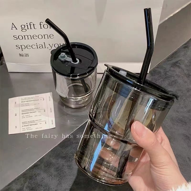 Internet Celebrity Ins Good-looking Glass Premium Anti-Scald and High Temperature Resistant All-Match Straw Style with Lid Large Capacity Coffee Cup