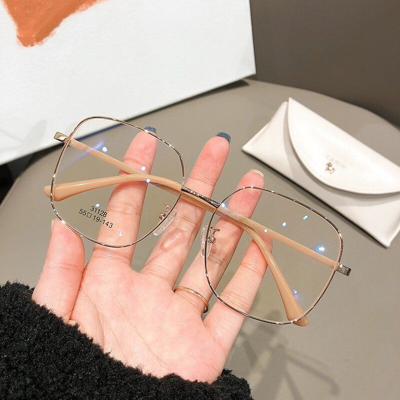 Ins Good-looking Glasses Plain Square Large Frame Myopia Glasses Glasses Female Face Small with Degrees Metal Glasses Rim