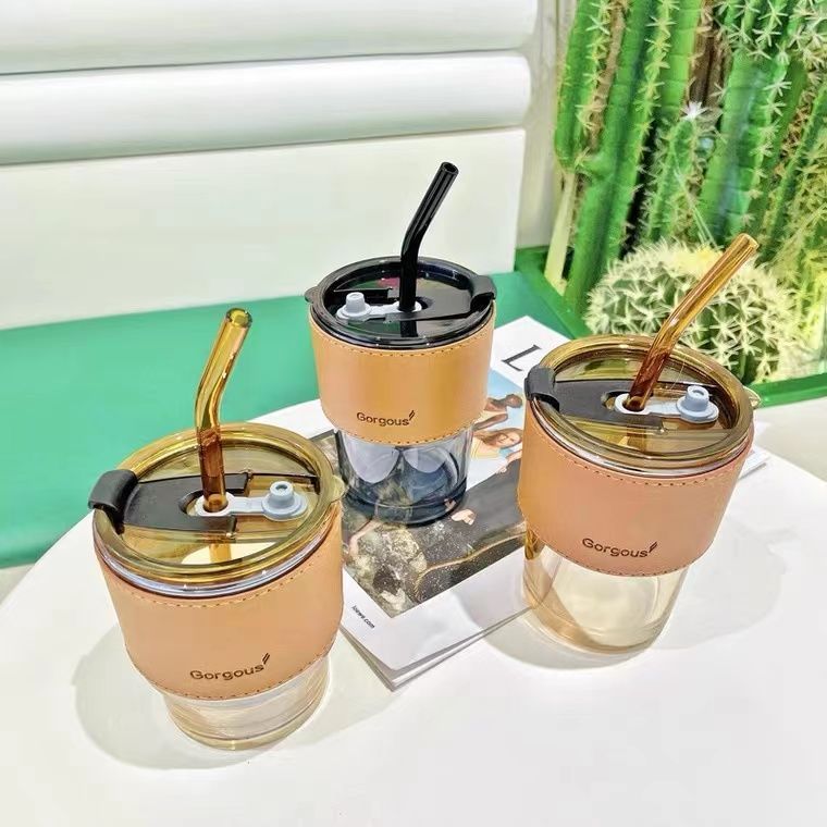 Internet Celebrity Ins Good-looking Glass Premium Anti-Scald and High Temperature Resistant All-Match Straw Style with Lid Large Capacity Coffee Cup