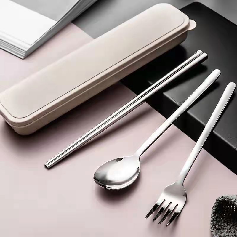 chopsticks spoon portable tableware student children stainless steel thickened spoon fork three-piece set office worker storage box