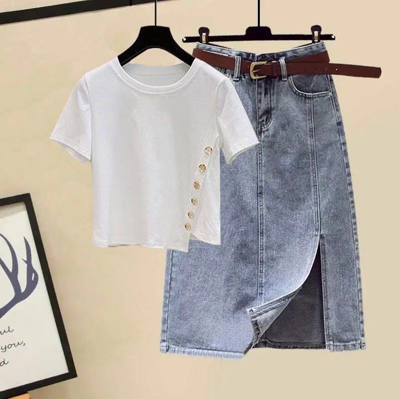 2024 summer new suit design short-sleeved t-shirt + high waist slit denim skirt two-piece set for women