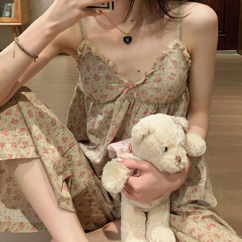 spring ins style new pajamas women‘s summer sweet floral strap chest pad home wear suit comfortable loose trousers