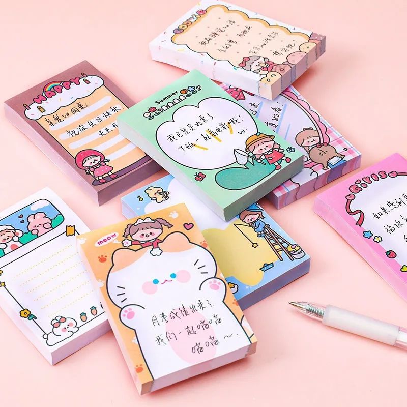 Cute Cartoon Doodle Girl Sticky Notes Internet Celebrity Student Girl Heart Note Sticker Learning Message Notepad 80 Pieces