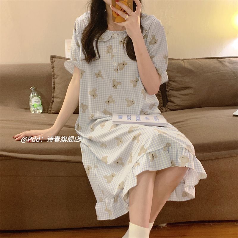 south korea ins cute cartoon bear nightdress for women summer short sleeve thin student doll collar pajamas home wear for women