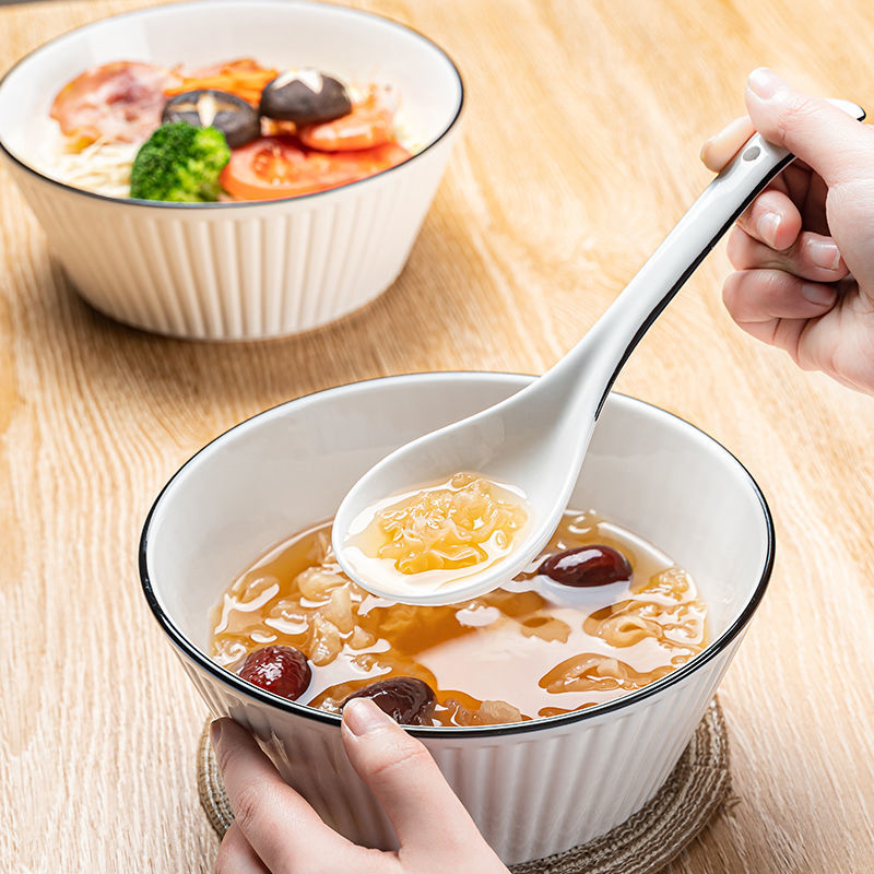 Nordic Good-looking 8-Inch Ceramic Underglaze Big Soup Bowl Yamada Vertical Pattern Ceramic Bowl Noodle Bowl Spoon Matching