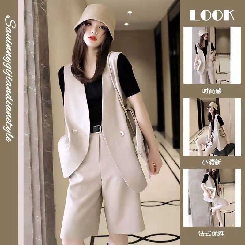 fat sister suit vest suit women‘s summer new flab hiding younger fashion ocean lightly mature casual three-piece suit tide