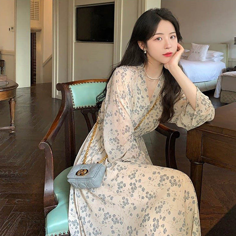 gentle tea break spring and summer blue floral chiffon french style v-neck dress temperament waist-controlled long dress women‘s long sleeve