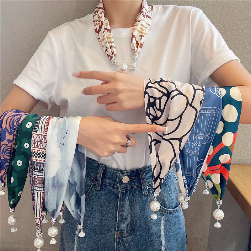 French Retro Lazy Summer Pearl Scarf Necklace Collarbone Scarf Fashionable Elegant Hair Band Women's Thin Scarf