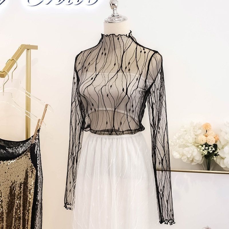 Women's Lace Bottoming Shirt 2022 Summer Thin Sexy See-through All-Matching Western Style Outer Wear Long Sleeve Sunscreen Mesh Top