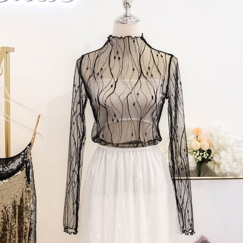 Women's Lace Bottoming Shirt 2022 Summer Thin Sexy See-through All-Matching Western Style Outer Wear Long Sleeve Sunscreen Mesh Top