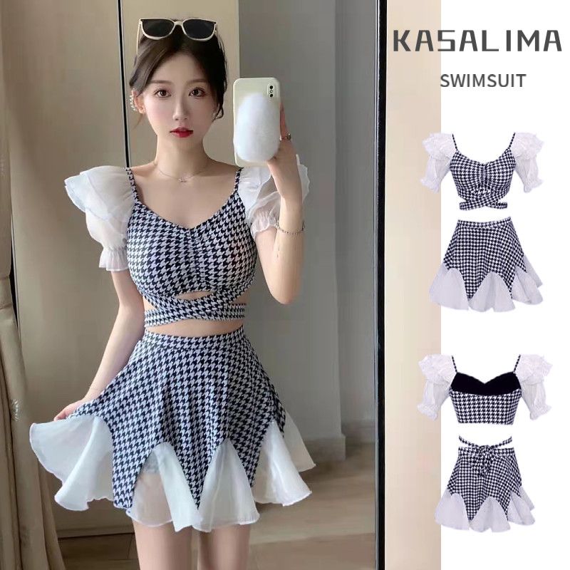 houndstooth ins super fairy split two-piece suit swimsuit female summer conservative sweet pure desire style sexy hot girl 2023 new