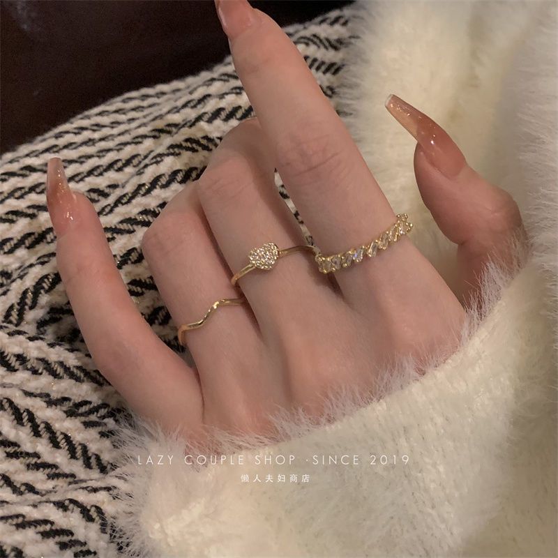 korean style high-end affordable luxury three-piece chain love female ins light luxury super shiny exquisite ring opening girly temperamental