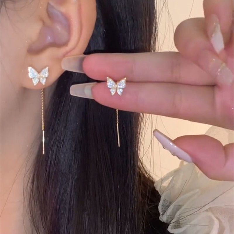 Butterfly EAR Thread 2023 New Fashionable Temperament Long Tassel Face Slimming Earrings Fashionable All-Match Exquisite Online Influencer Earrings