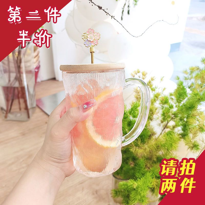 INS Wind Belt Handle with Spoon Water Cup Glacier Pattern Glass High-Grade Cup Female Milk Coffee and Breakfast Cup