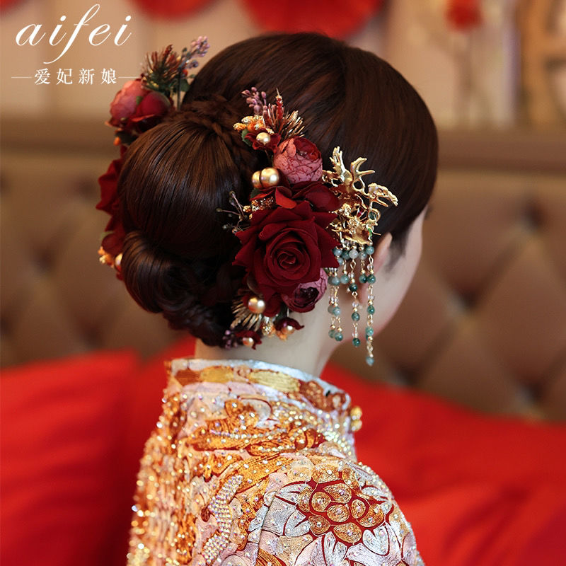 2023 new xiuhe headdress bride red artificial flowers toast clothing hair accessories chinese classical cheongsam accessories