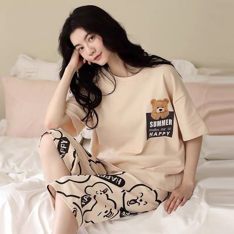 pajamas women‘s summer fat sister large size pajamas short-sleeved cropped pants 100.00kg plus-sized plus-sized fat people loose home wear