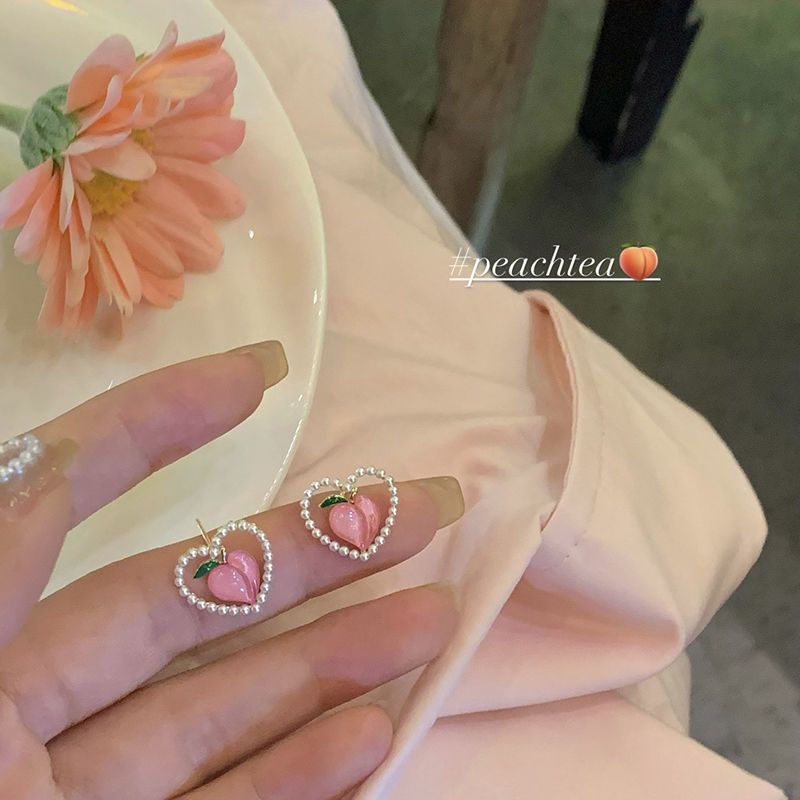 [Peach Tea] Peach Peach Love Heart Stud Earrings High-Grade Temperament Female Ins Style Small Exquisite Fresh Earrings
