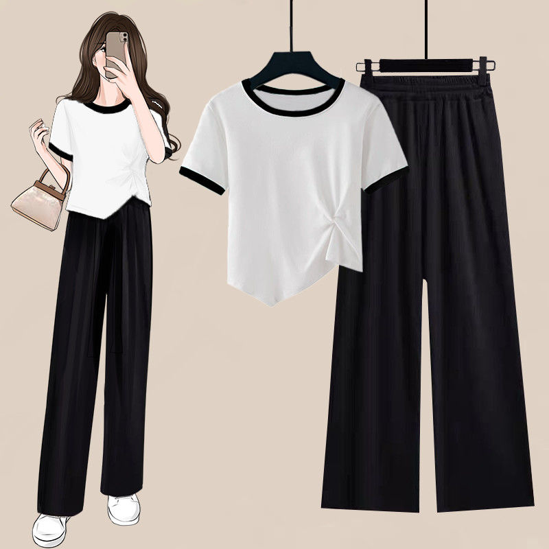 one-piece/suit new korean style irregular color contrast short t-shirt women‘s top + vertical wide-leg pants two-piece suit