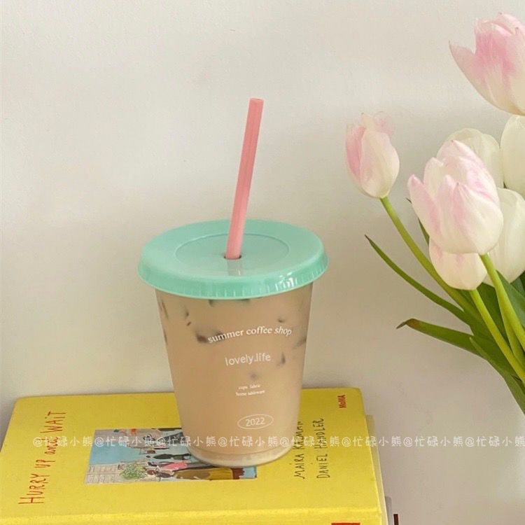 Korean Style Ins Niche Summer Coffee Cup Milk Cold Drink Cup Colorful Plastic Straw Cup Large Capacity Handy Cup