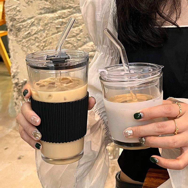 ins simple glass straw cup korean summer breakfast cup student portable coffee cup with lid office water cup